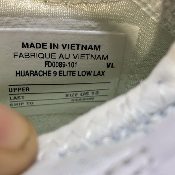 Nike Huarache 9 Elite Low LAX Mens Lacrosse Cleats White Sz.13 FD0089-101‎ - Picture 7 of 7